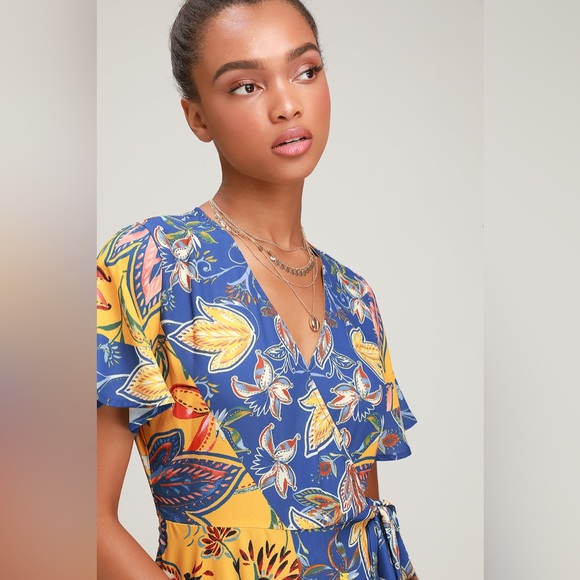 Lulus Atlantis Blue & Yellow Print Wrap Midi Dress - Picture 3 of 9